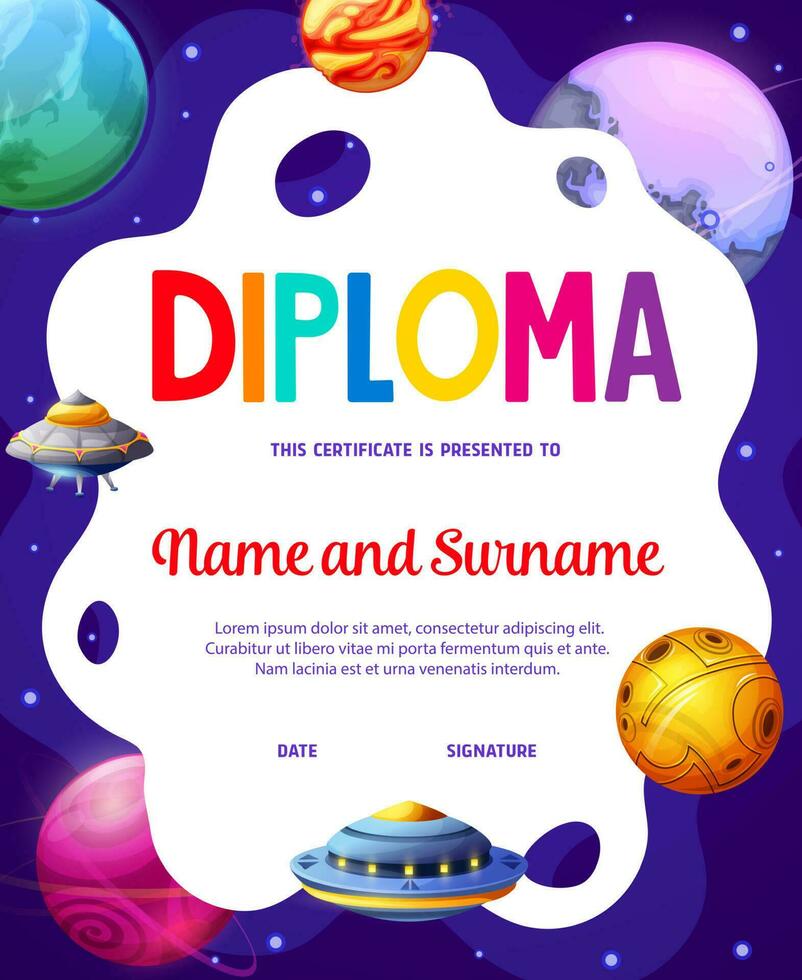 Kids diploma of space explorer. UFO and starcraft vector