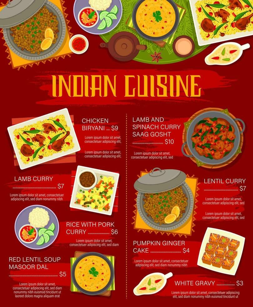 Indian food restaurant meals menu page vector