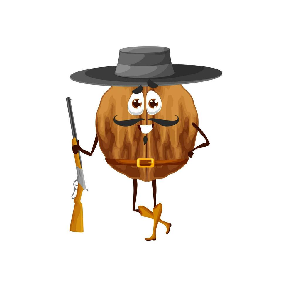 Cartoon walnut nut ranger or cowboy character vector