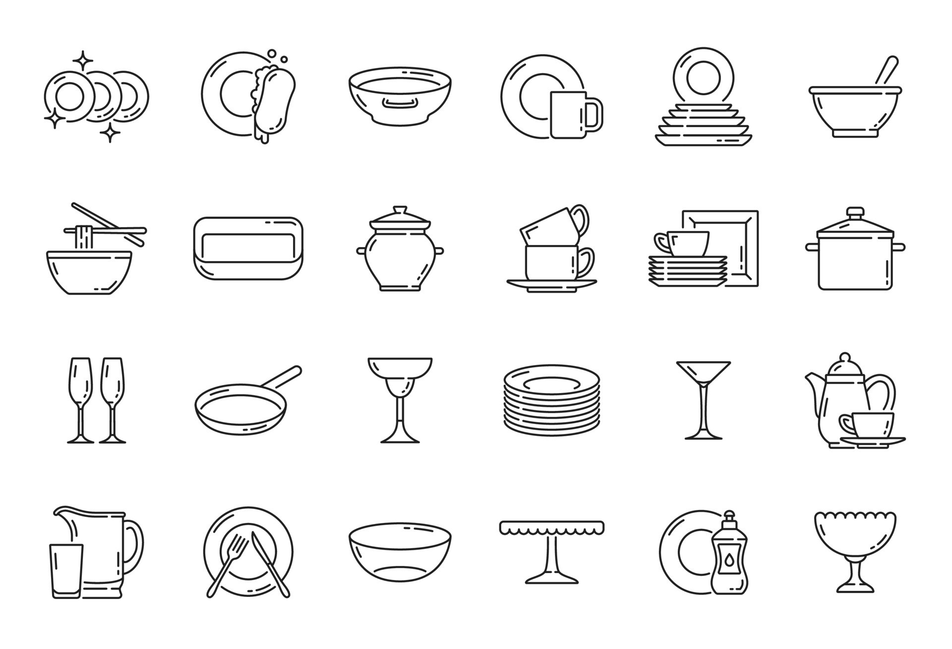 Kitchen plates, dishes and utensil outline icons 23519126 Vector Art at