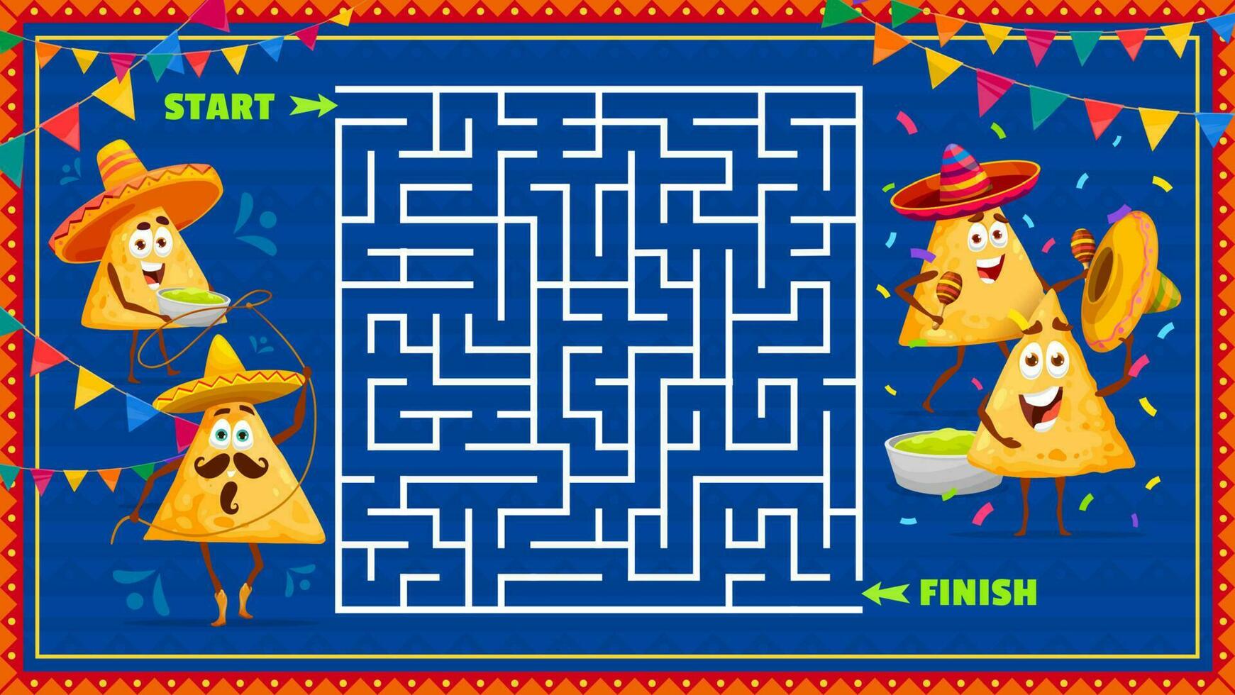 Labyrinth maze with cartoon nachos chips character vector