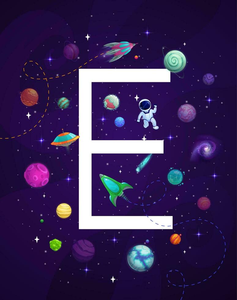 Cartoon space letter E, vector kids alphabet
