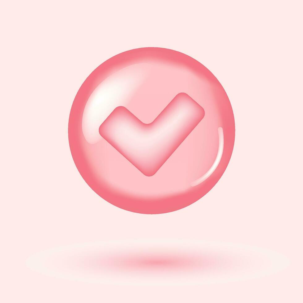 Check mark tick icon vector symbol, cartoon pink 3d checkmark isolated, checked icon or correct choice sign in round shape, checkbox poll vote pictogram