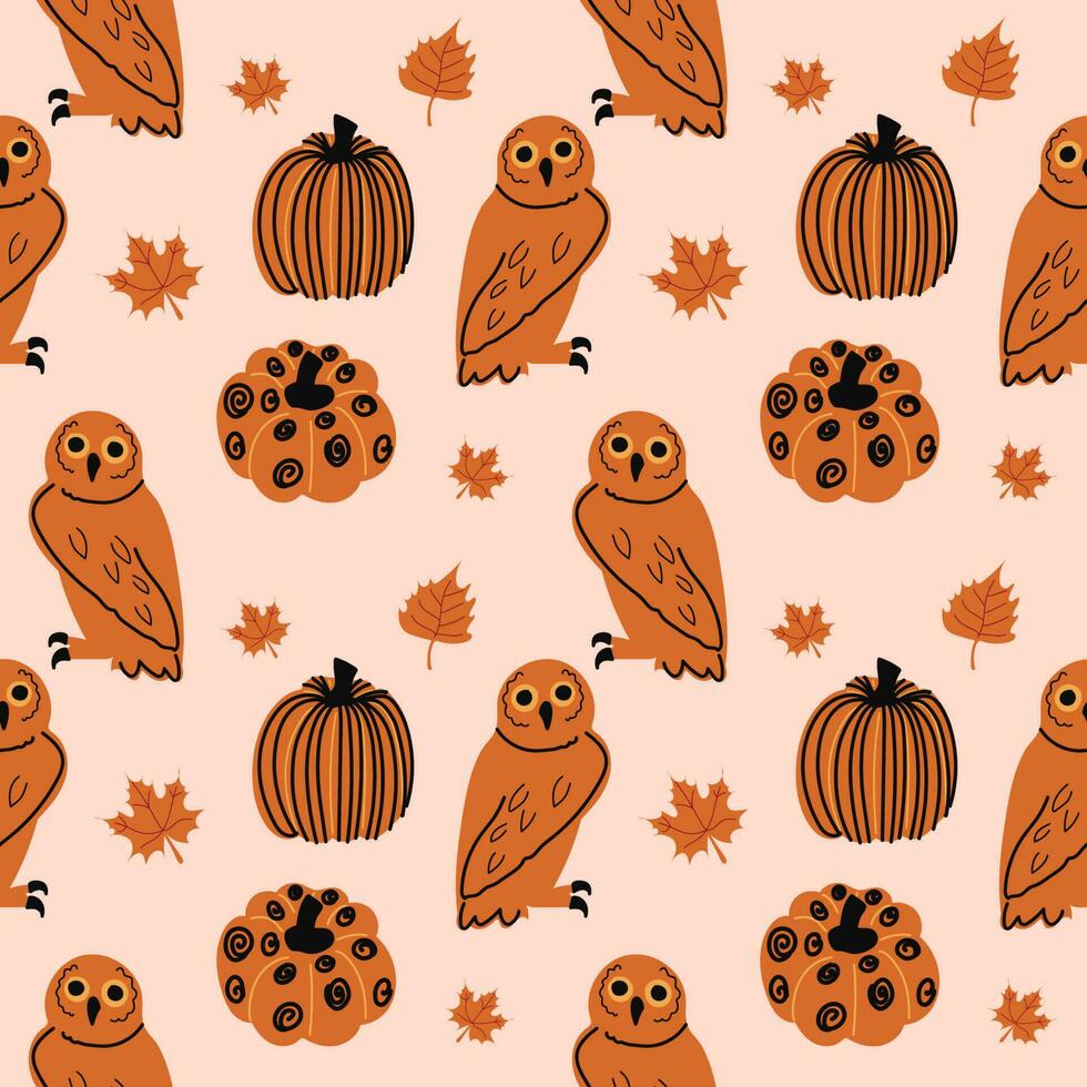 Cute Halloween owls and pumpkin seamless pattern. Funny holiday kids design for clothes, nursery decor, paper, cover, fabrics and Halloween party decoration vector