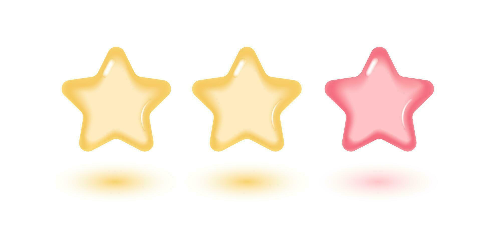 Tres estrellas, lustroso amarillo y rosado colores. cliente clasificación realimentación concepto desde el cliente acerca de empleado de sitio web. realista 3d diseño de el objeto. para móvil aplicaciones vector ilustración.