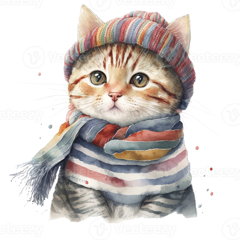Ai Generate Cute cat wear knit hat cozy winter watercolor png