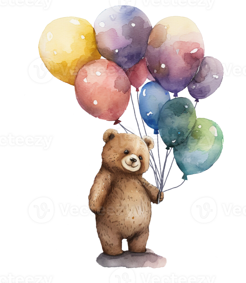 Ai Generate Cute Bear With Balloon Watercolor Painting png