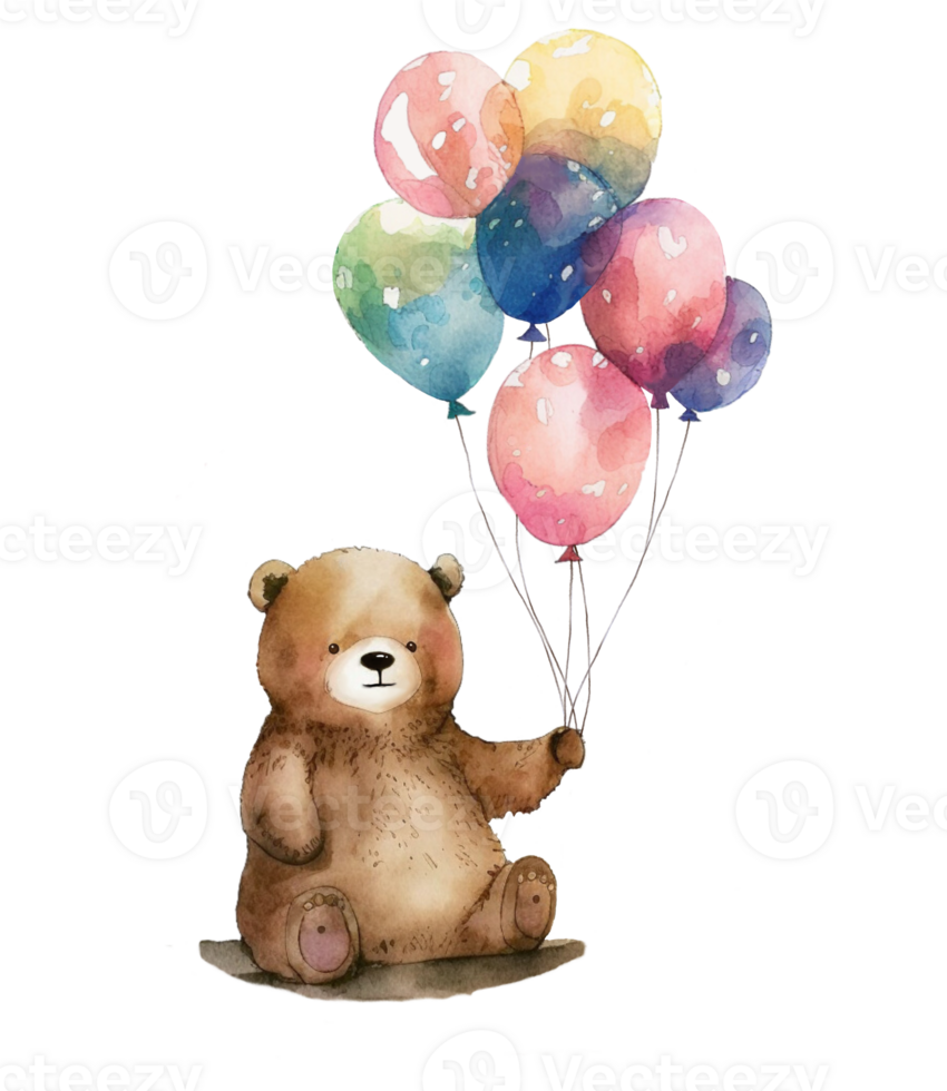 Ai Generate Cute Bear With Balloon Watercolor Painting png