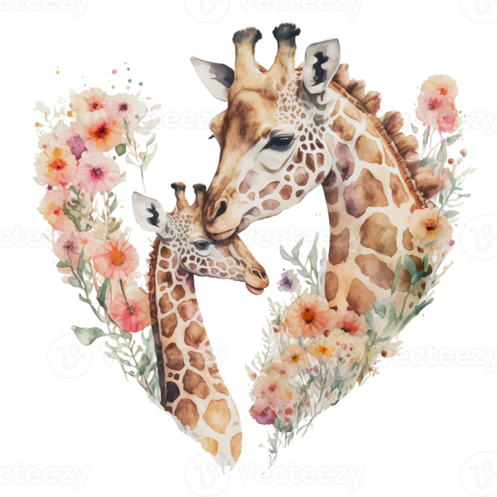 Ai Generate Mom And Baby Giraffe Floral Watercolor Painting png