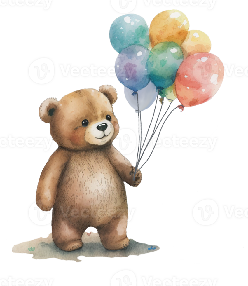 Ai Generate Cute Bear With Balloon Watercolor Painting png