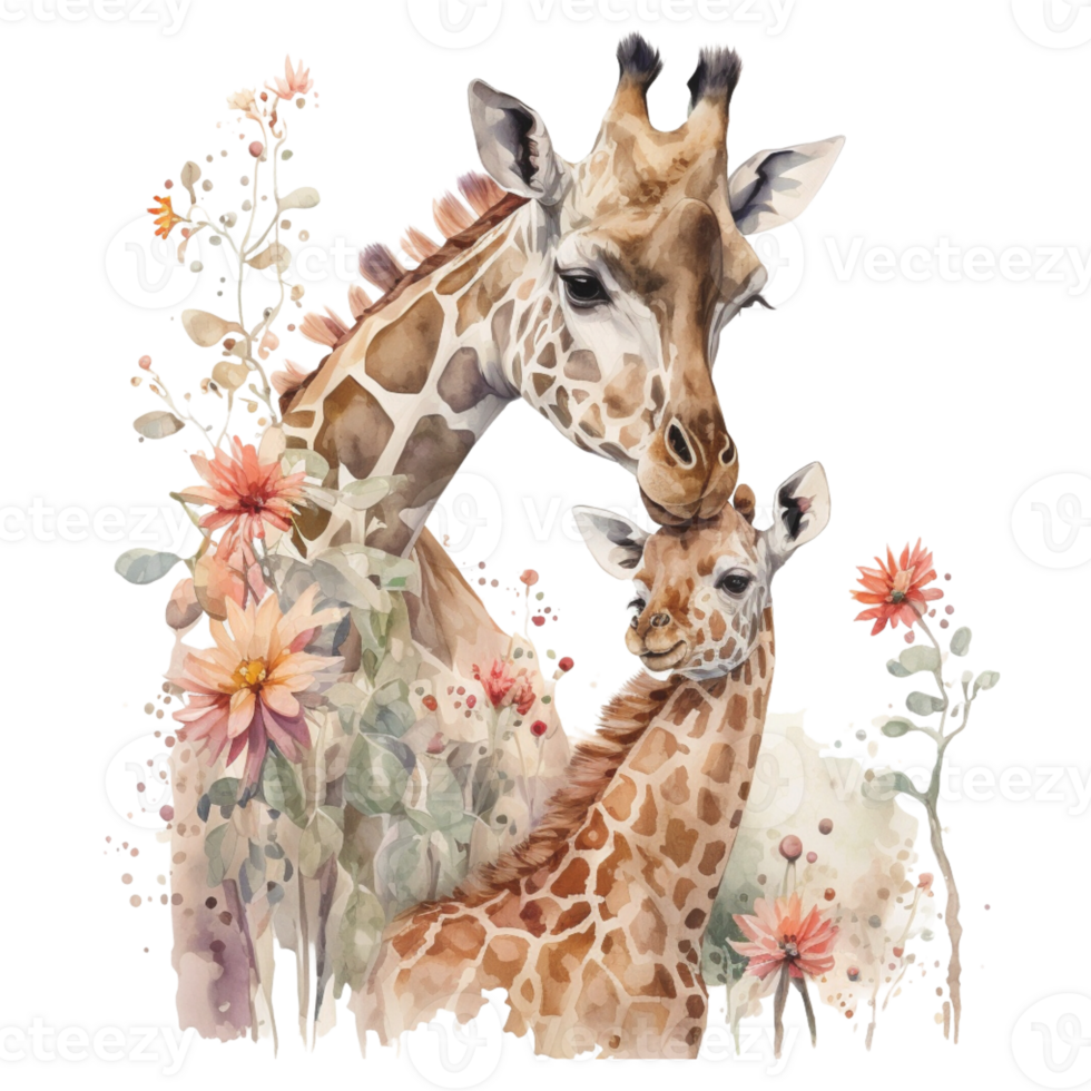 Ai Generate Mom And Baby Giraffe Floral Watercolor Painting png