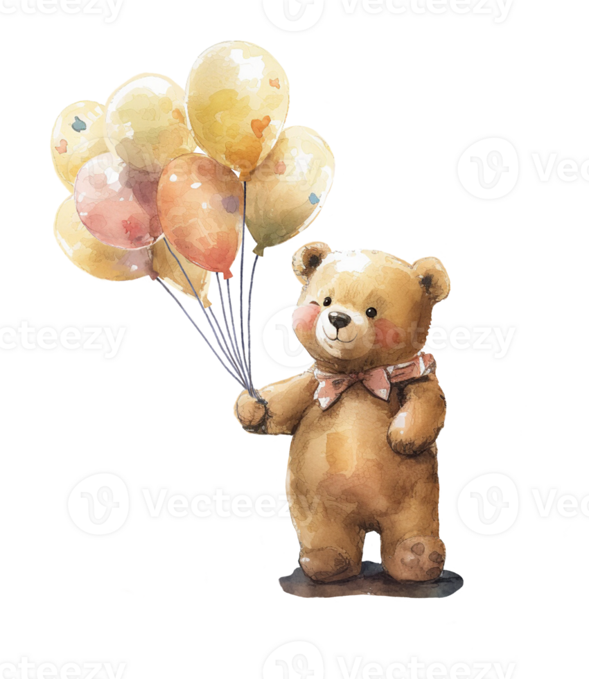 Ai Generate Cute Bear With Balloon Watercolor Painting png