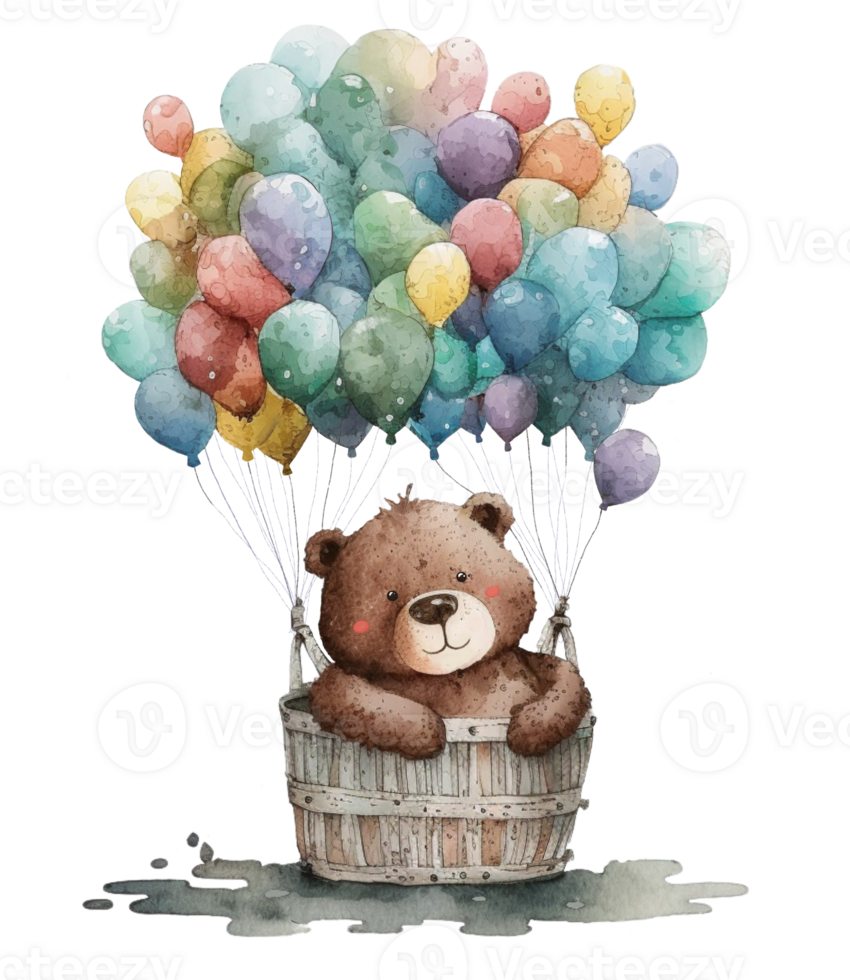Ai Generate Cute Bear With Balloon Watercolor Painting png
