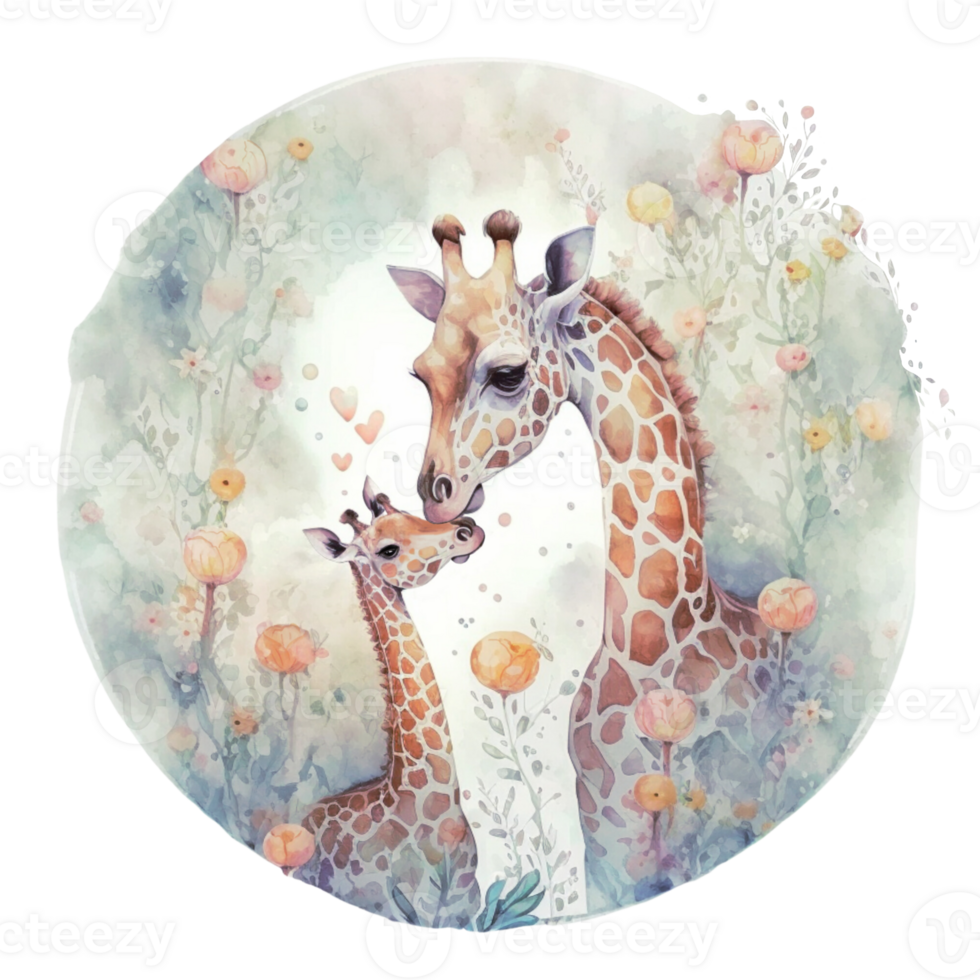 Ai Generate Mom And Baby Giraffe Floral Watercolor Painting png