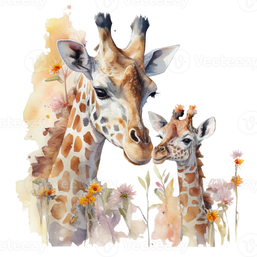 Ai Generate Mom And Baby Giraffe Floral Watercolor Painting png