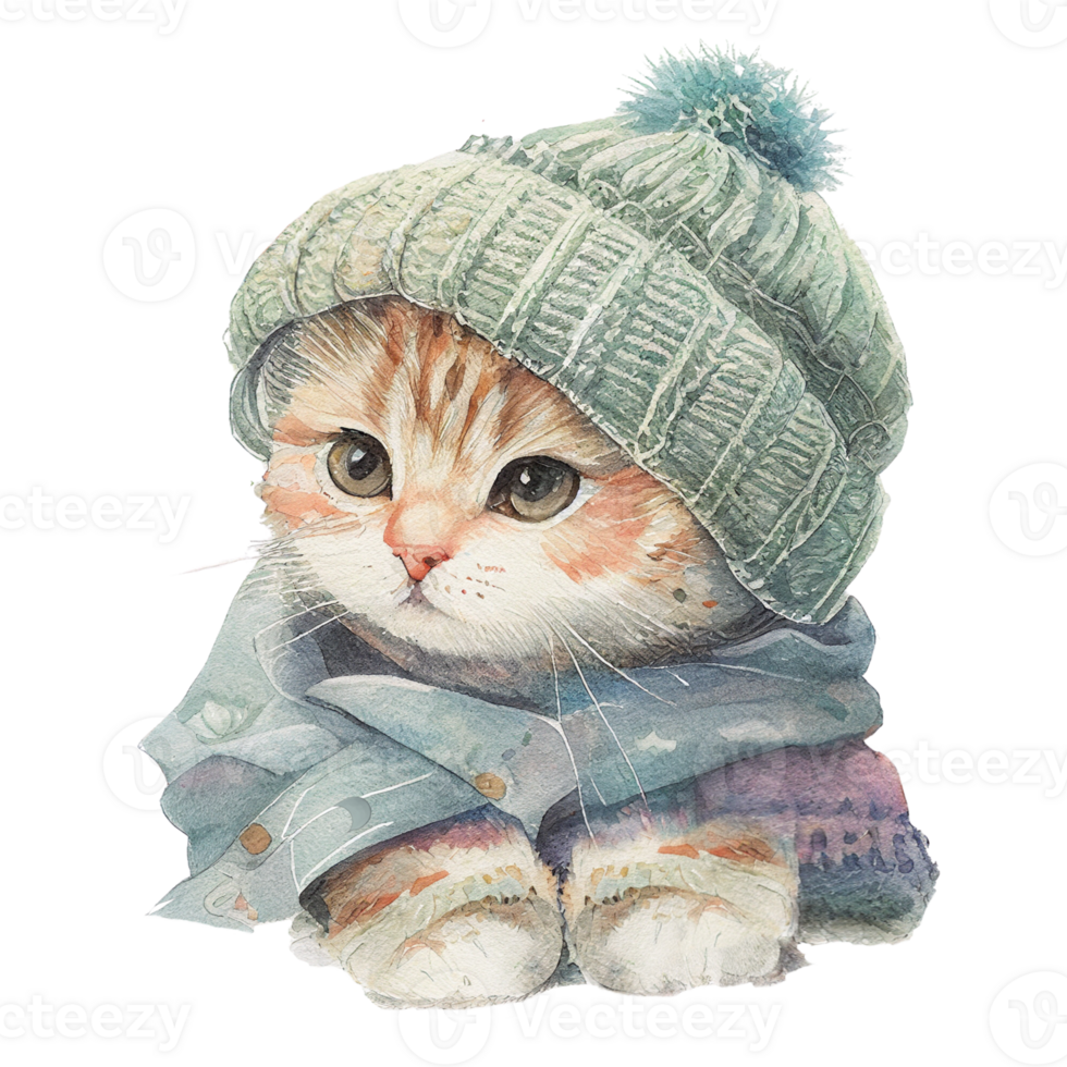 Ai Generate Cute cat wear knit hat cozy winter watercolor 23520208 PNG