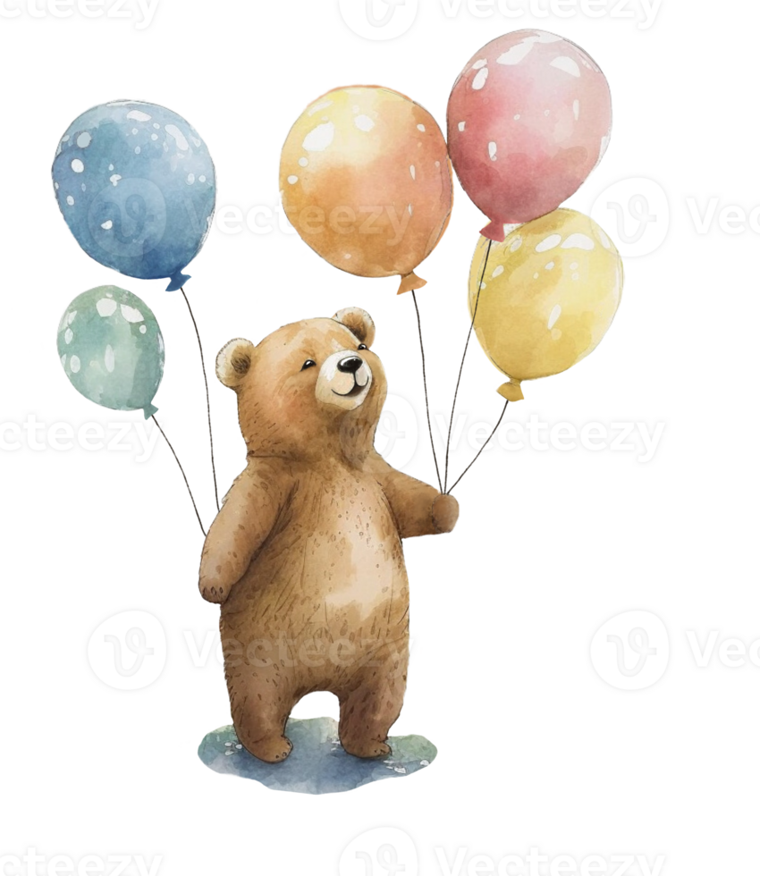 Ai Generate Cute Bear With Balloon Watercolor Painting png