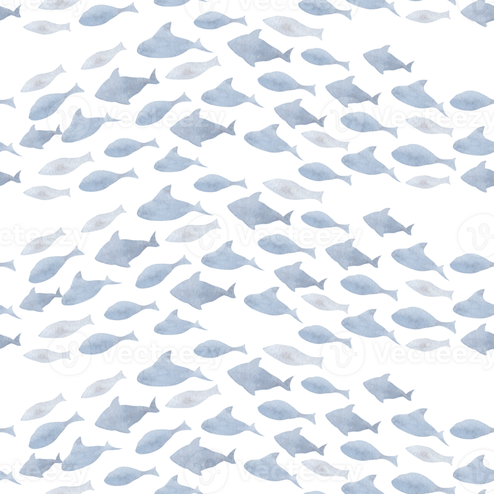 Sea Seamless Pattern with Fish navy Shoal on isolated transparent background. Hand drawn watercolor undersea backdrop for wrapping paper or marine textile. Ornament in nautical style. png