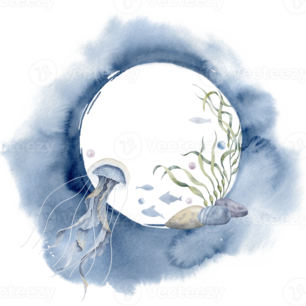 Marine Wreath with jellyfish and watercolor abstract spot. Hand drawn ocean illustration of underwater round frame with fishes and seaweed on isolated transparent background. Sea background for icon. png