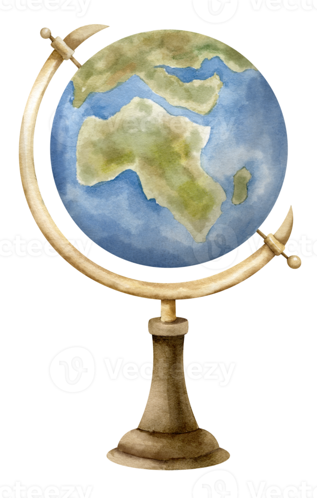 Watercolor Globe. Hand drawn illustration of vintage model of earth on wooden stand on isolated transparent background. Drawing of retro map in blue colors for science or education. Sketch for icon. png