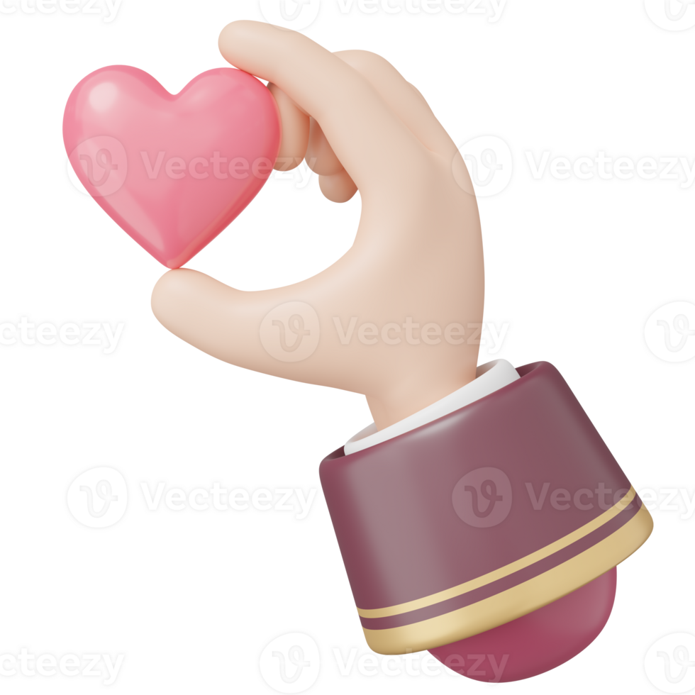 3d Hand halten Herz Symbol. Karikatur Rosa Herz im rot Arm isoliert auf transparent. geben senden Liebe. Valentinstag Tag, Welt Gesundheit Tag, spenden Familie Versicherung Konzept. 3d machen Symbol. png