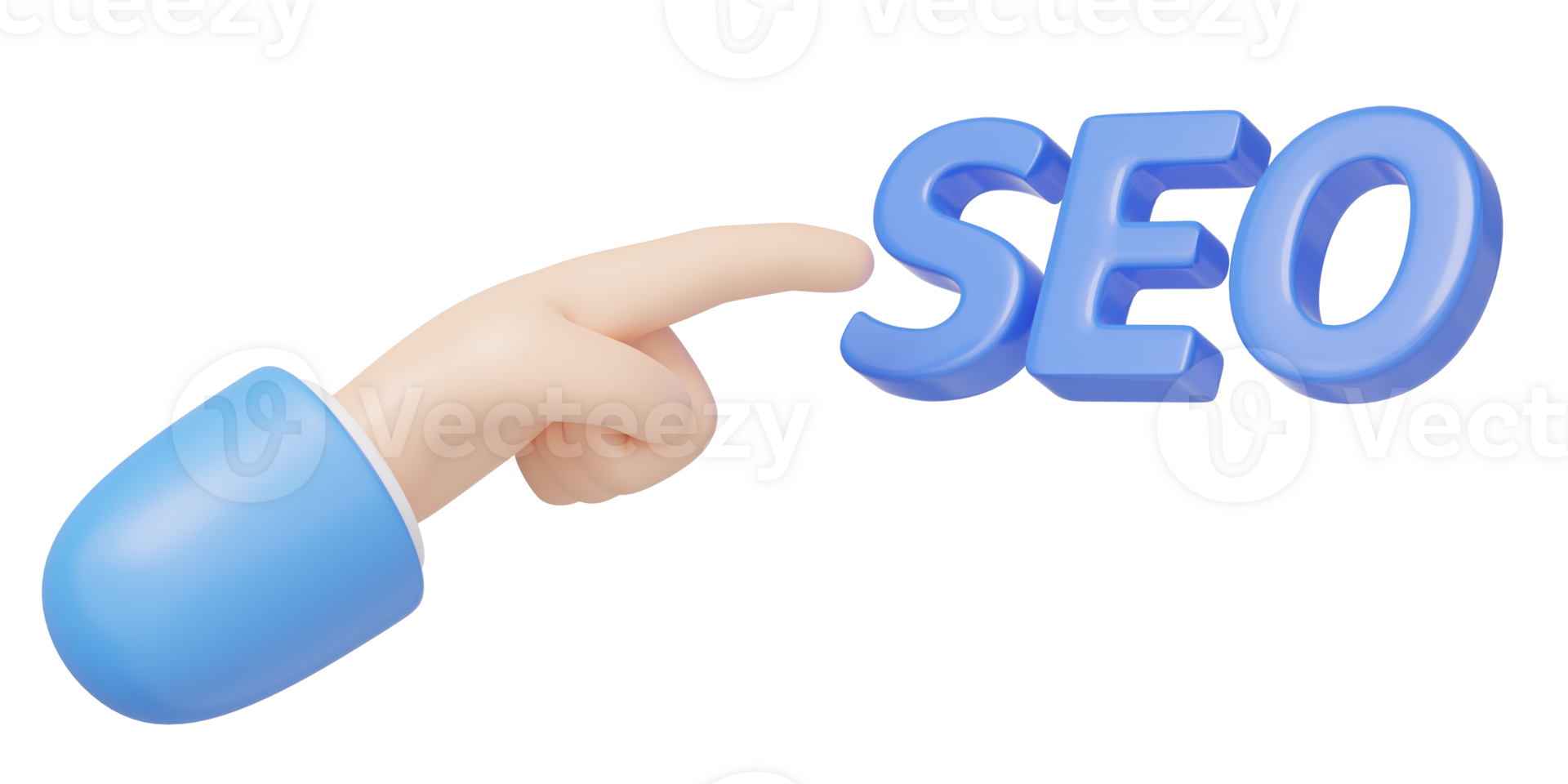 3D finger pointing at SEO floating isolated on transparent. businessman's hand and Search Engine Optimization icon. Marketing online, E commerce concept. Cartoon minimal. 3d rendering. png