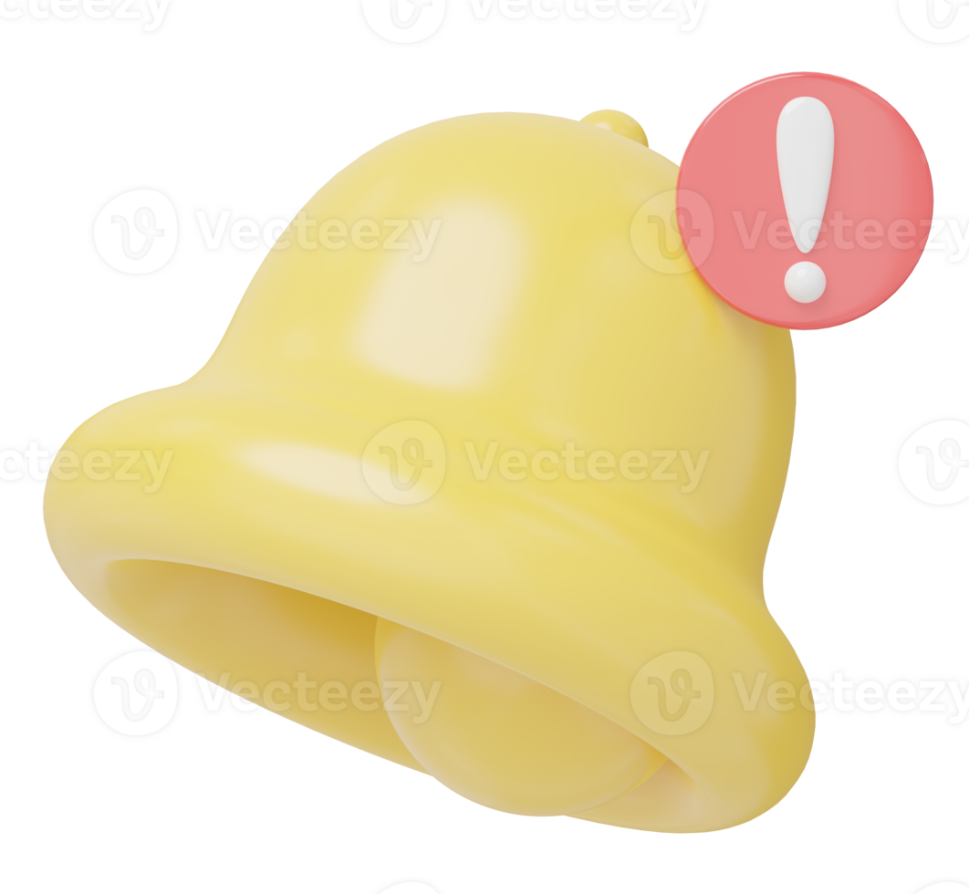 3D Notification warning bell icon. Bell alert with exclamation mark on red label for social media reminder floating on on transparent. Cartoon icon minimal smooth. 3d rendering. png
