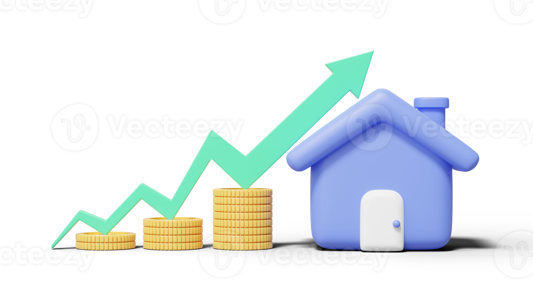3D Gold coins stack with house on green arrow up on transparent. Home model with flue, door icon. Financial investment growth concept. Mockup cartoon icon minimal style. 3d render illustration. png