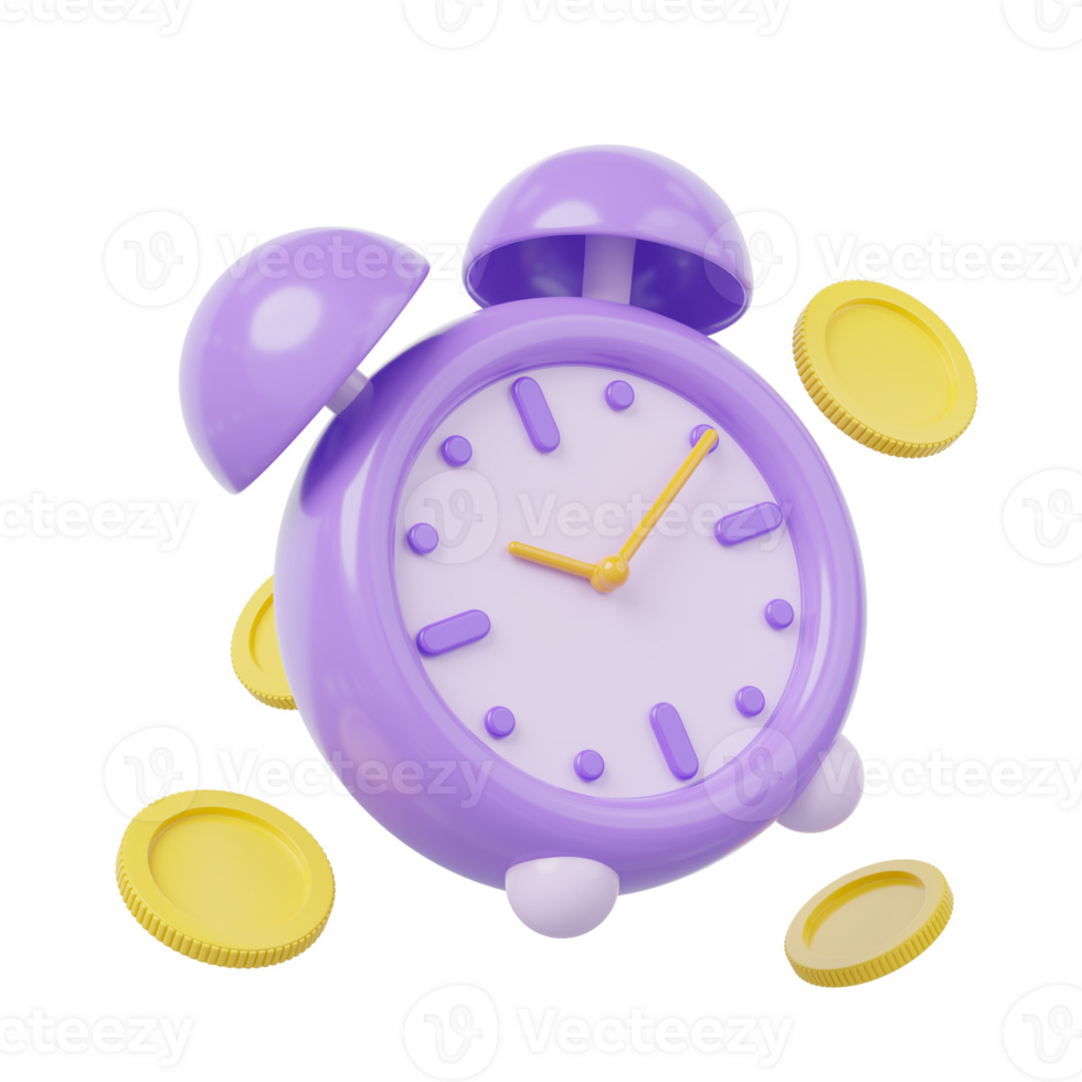 3d Alarm clock, money coin. Purple vintage clock with twin bell at 10.10 floating isolated on transparent. Time management, time keeping concept. Cartoon icon smooth. 3d rendering. png