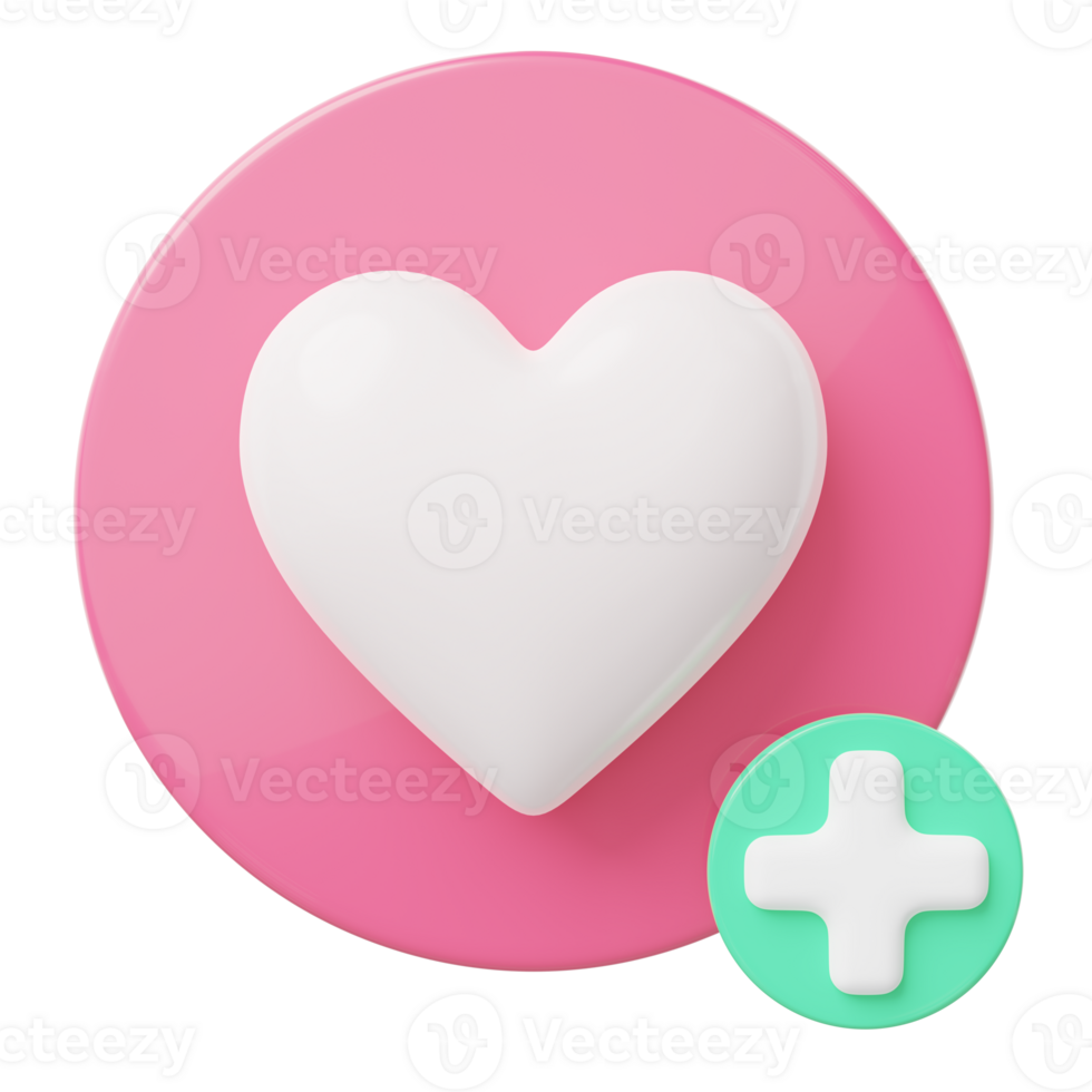 3d heal icon. Red heart with green plus symbol isolated on transparent. Add favorites, bookmark, medical healthcare, healthy lifestyle symbol concept. Cartoon icon smooth. 3d rendering. png