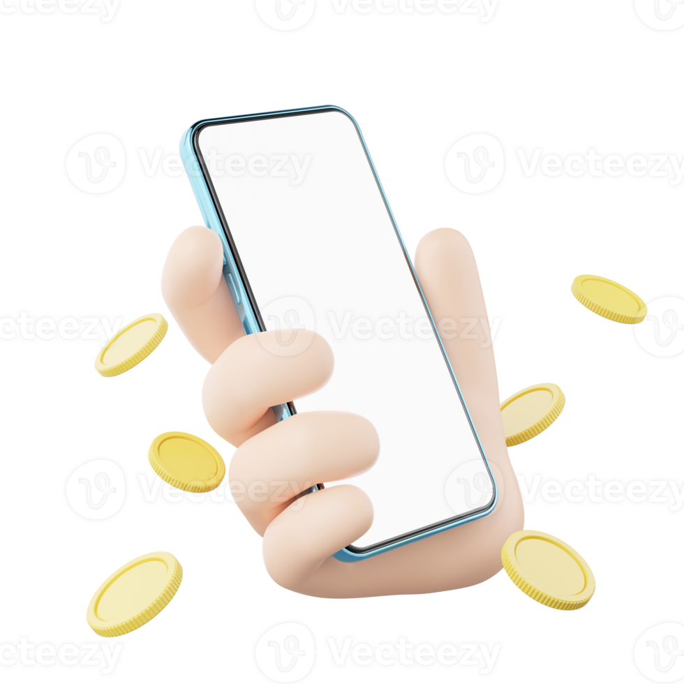 3D human hand holding mobile phone icon. Man hold smartphone blank white screen with gold coin spread floating on transparent. Mockup space for display application. Business cartoon. 3d icon render. png