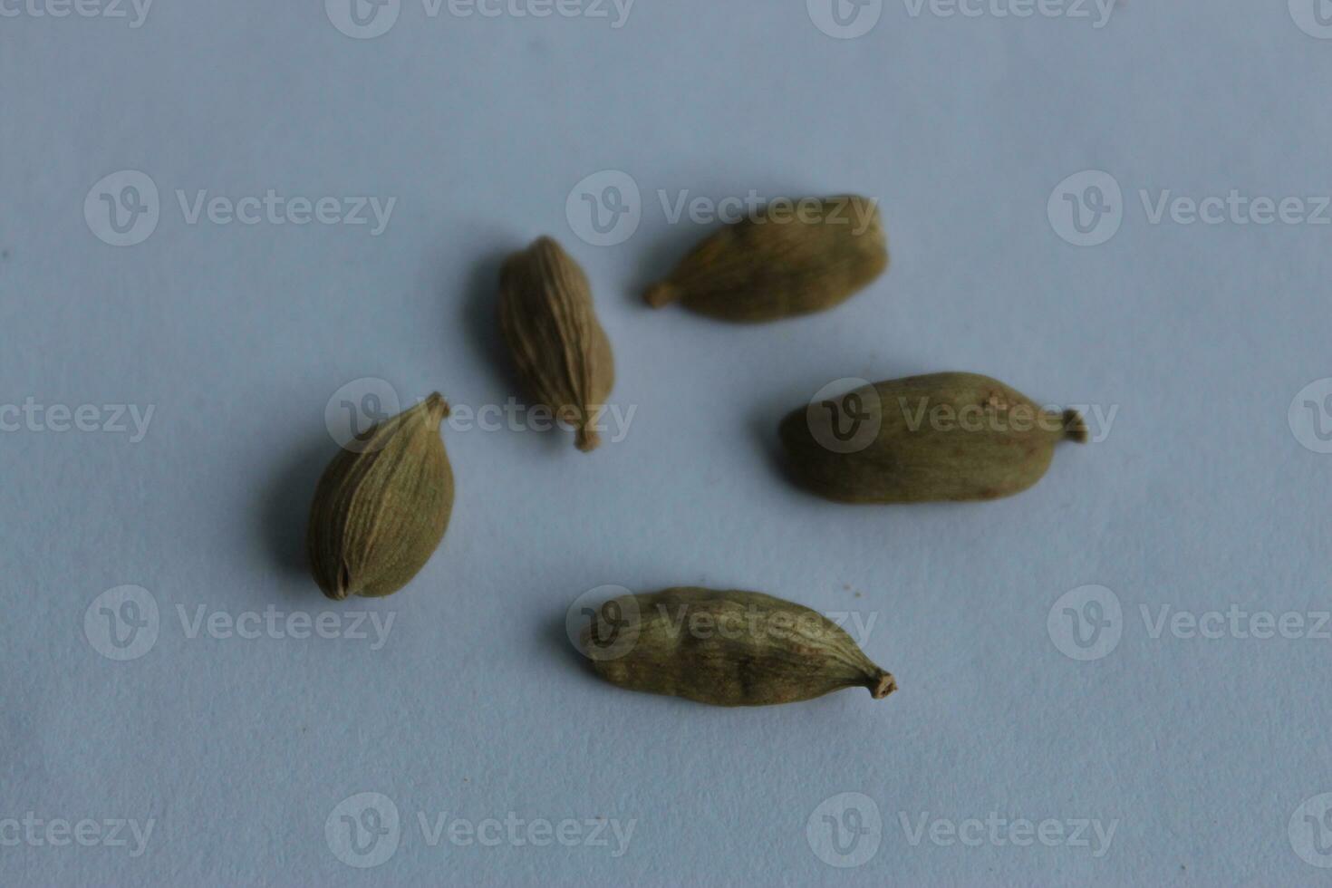 Cardamom seeds isolated on white background. Cardamom is a genus of herbaceous flowering plants in the family Cardamom. photo