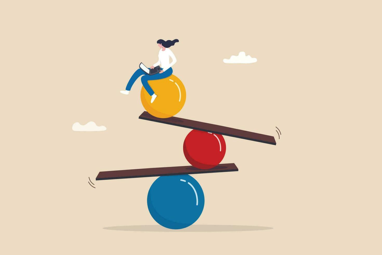 Work life balance, equality or weight between working for money and life happiness, health, success and healthy lifestyle concept, woman working with computer laptop while balance on equilibrium. vector