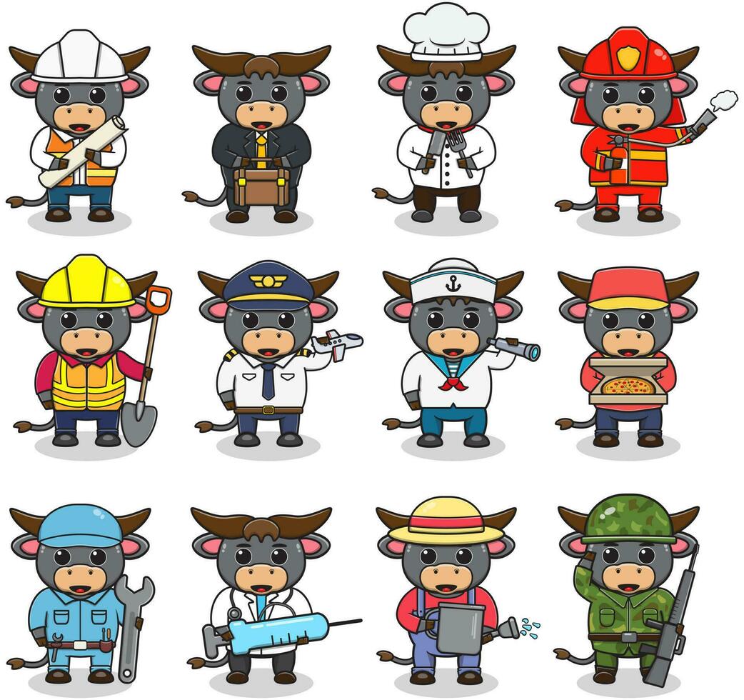 Cartoon Buffalo in professional uniform. Vector set of Buffalo different professions. Vector characters with jobs different occupation. Different jobs professionals. Isolated vector icons set