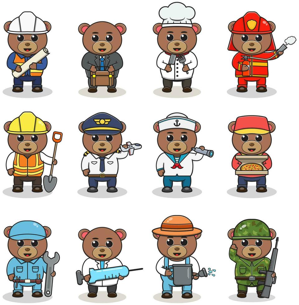 Cartoon Bear in professional uniform. Vector set of Bear different professions. Vector characters with jobs different occupation. Different jobs professionals. Isolated vector icons set