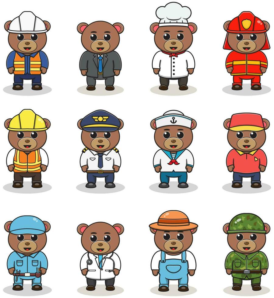 Vector set of cute Bear with different professions. Cartoon cute Bear dressed in different occupation uniform. Vector characters with jobs different occupation.