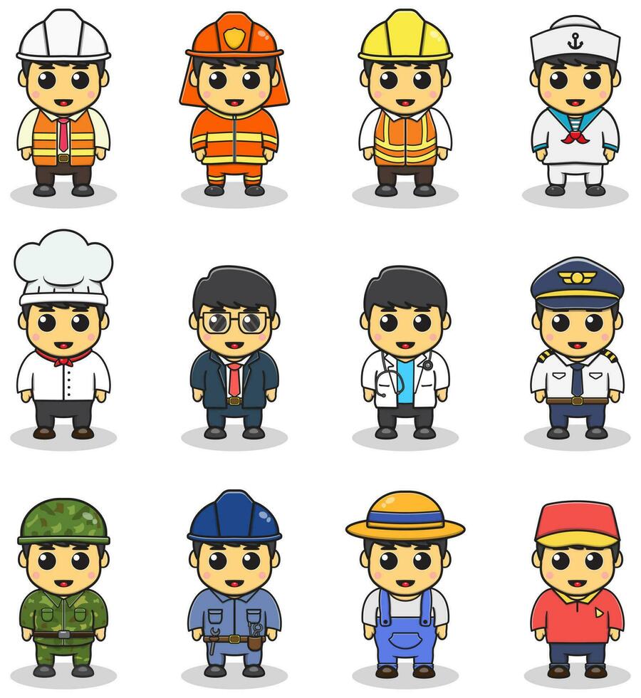Vector set of different professions in children. Cartoon cute children dressed in different occupation uniform. Vector characters with jobs different occupation.