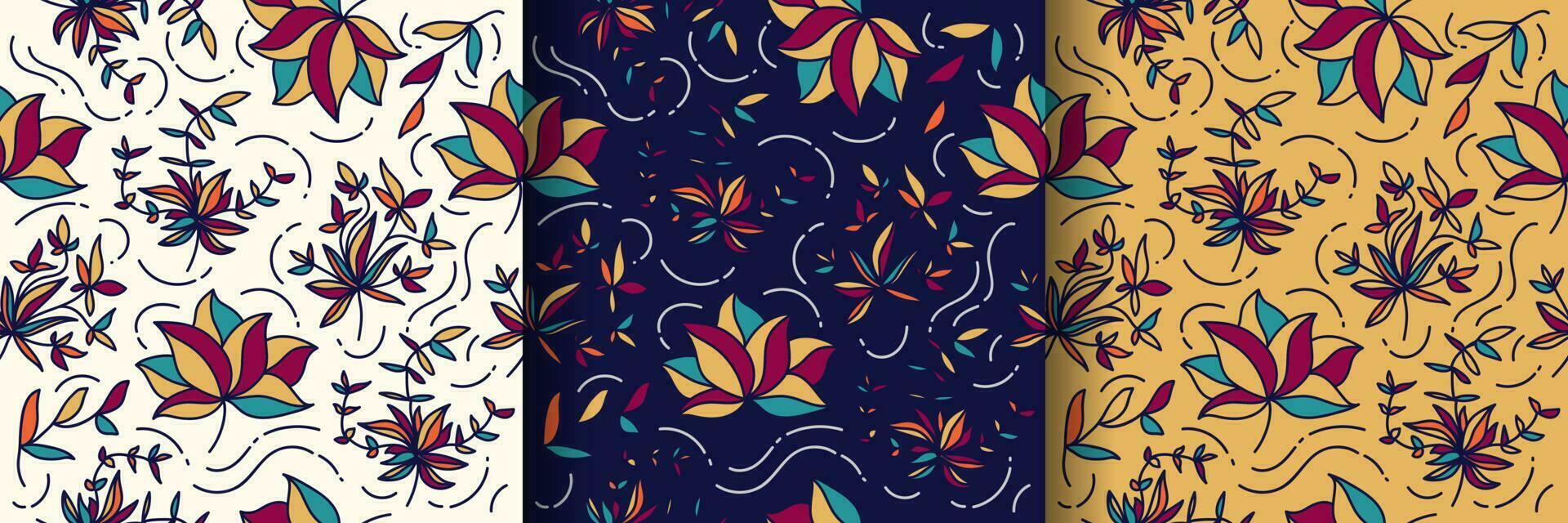 Seamless Floral Pattern with Cartoon Style in Three Background Variations. Flower Motif. Suitable for Wallpaper, Wrapping Paper, Background, Fabric, Textile, Apparel, and Card Design vector