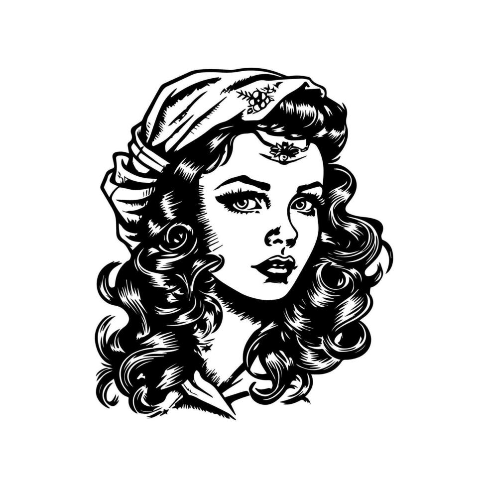 Beautiful female sailor black and white hand drawn illustration vector