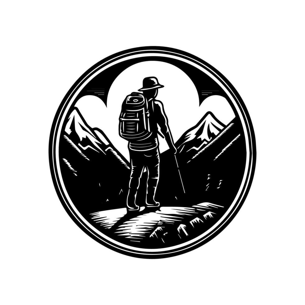 A minimalist hiking logo design showcasing a male hiker standing on a mountain top vector