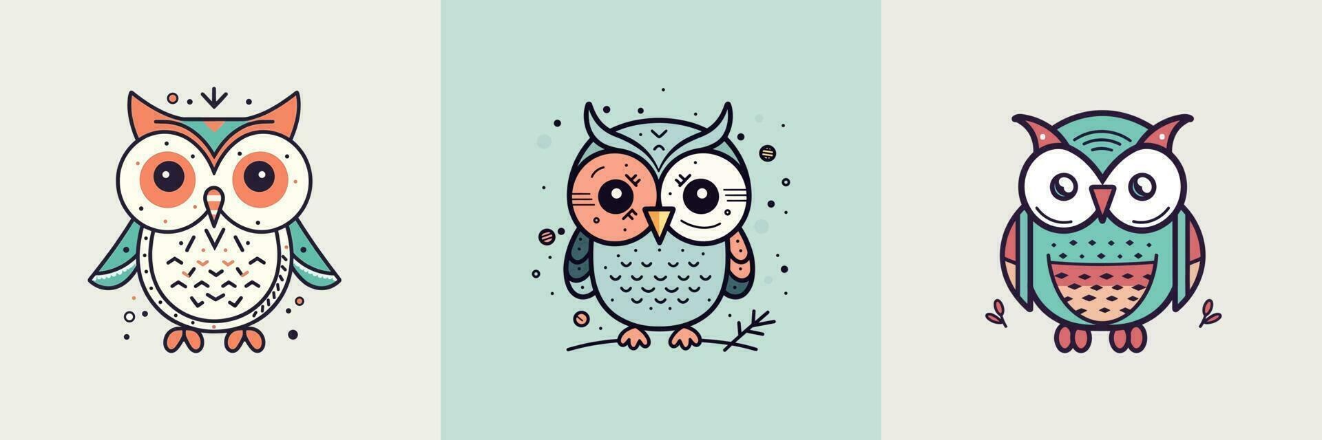 Cute baby owl mascot kawaii cartoon bird illustration set collection vector