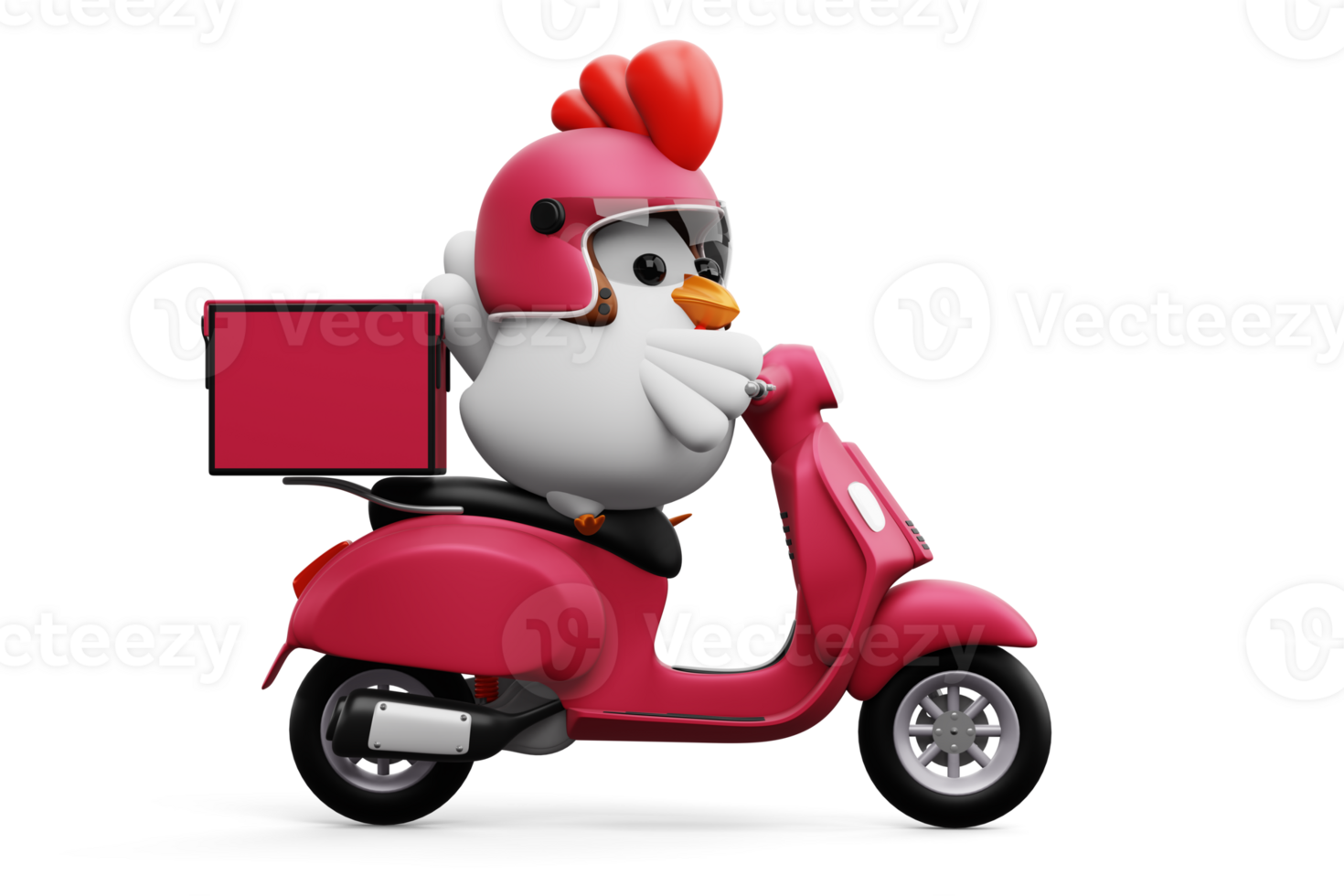 Cute chicken riding scooter, delivery chicken, 3d rendering png