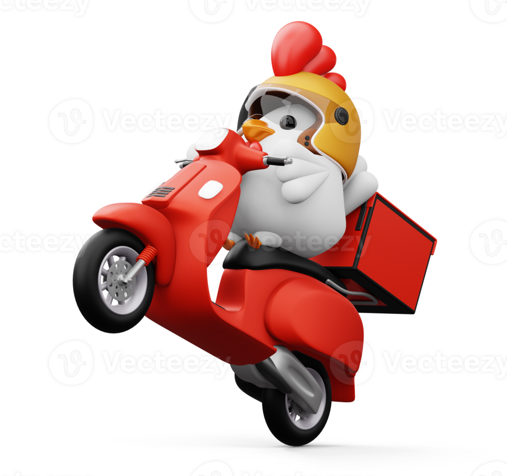 Cute chicken riding scooter, delivery chicken, 3d rendering png