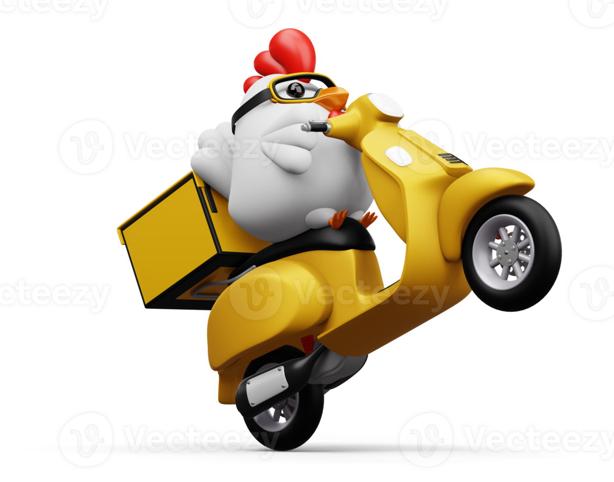 Cute chicken riding scooter, delivery chicken, 3d rendering png