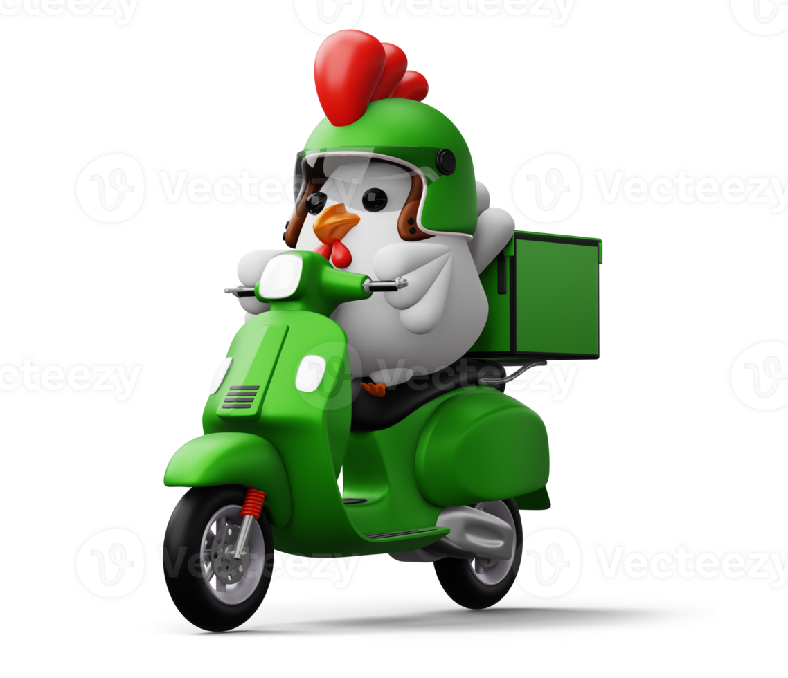 Cute chicken riding scooter, delivery chicken, 3d rendering png