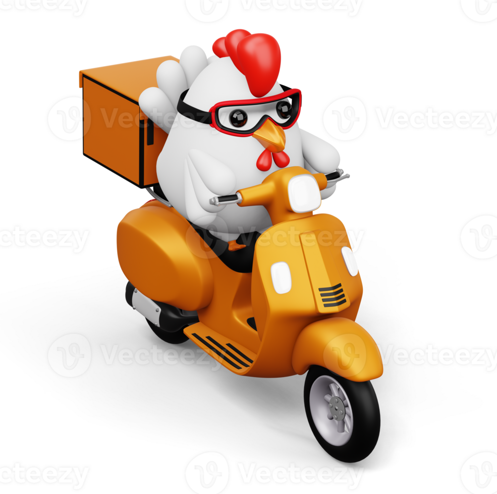 Cute chicken riding scooter, delivery chicken, 3d rendering png