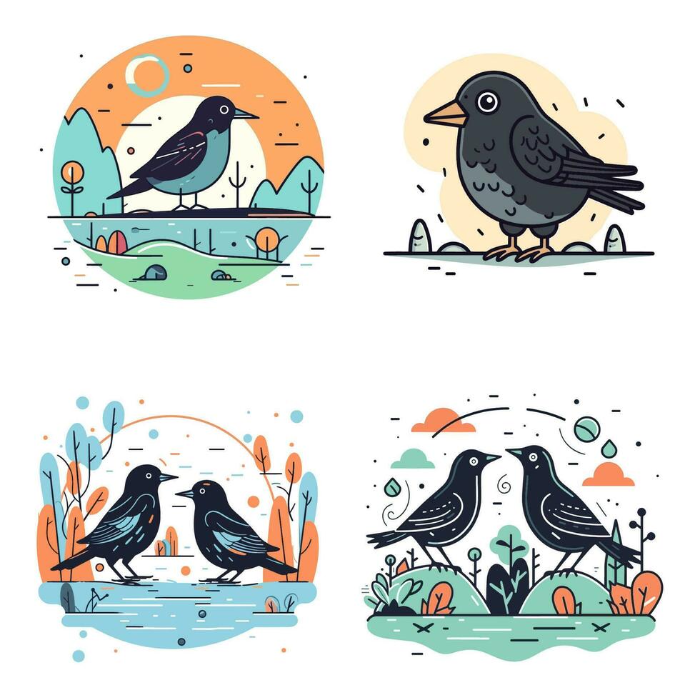 Cute Crow bird set collection kawaii cartoon illustration vector