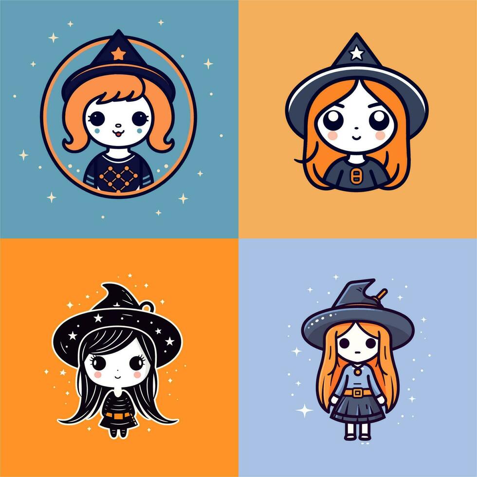 linda brujas chibi muchachas kawaii dibujos animados Víspera de Todos los Santos ilustración conjunto colección vector