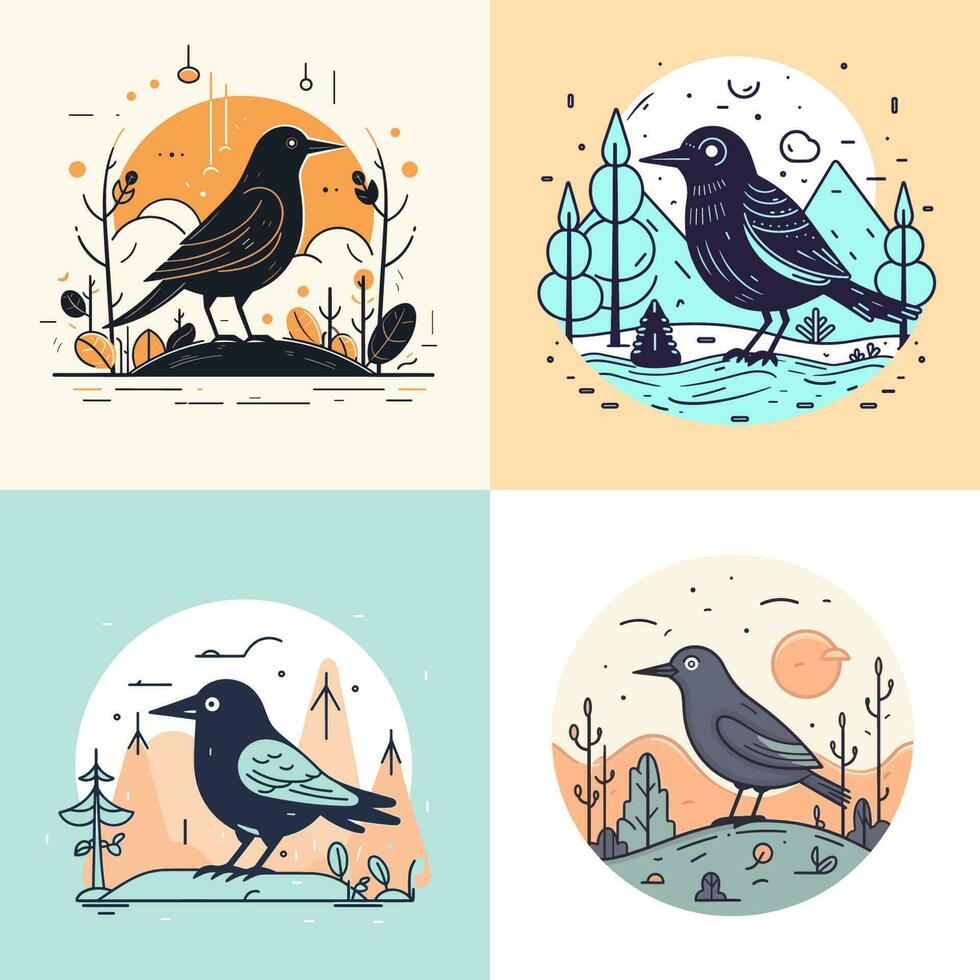 Cute Crow bird set collection kawaii cartoon illustration vector