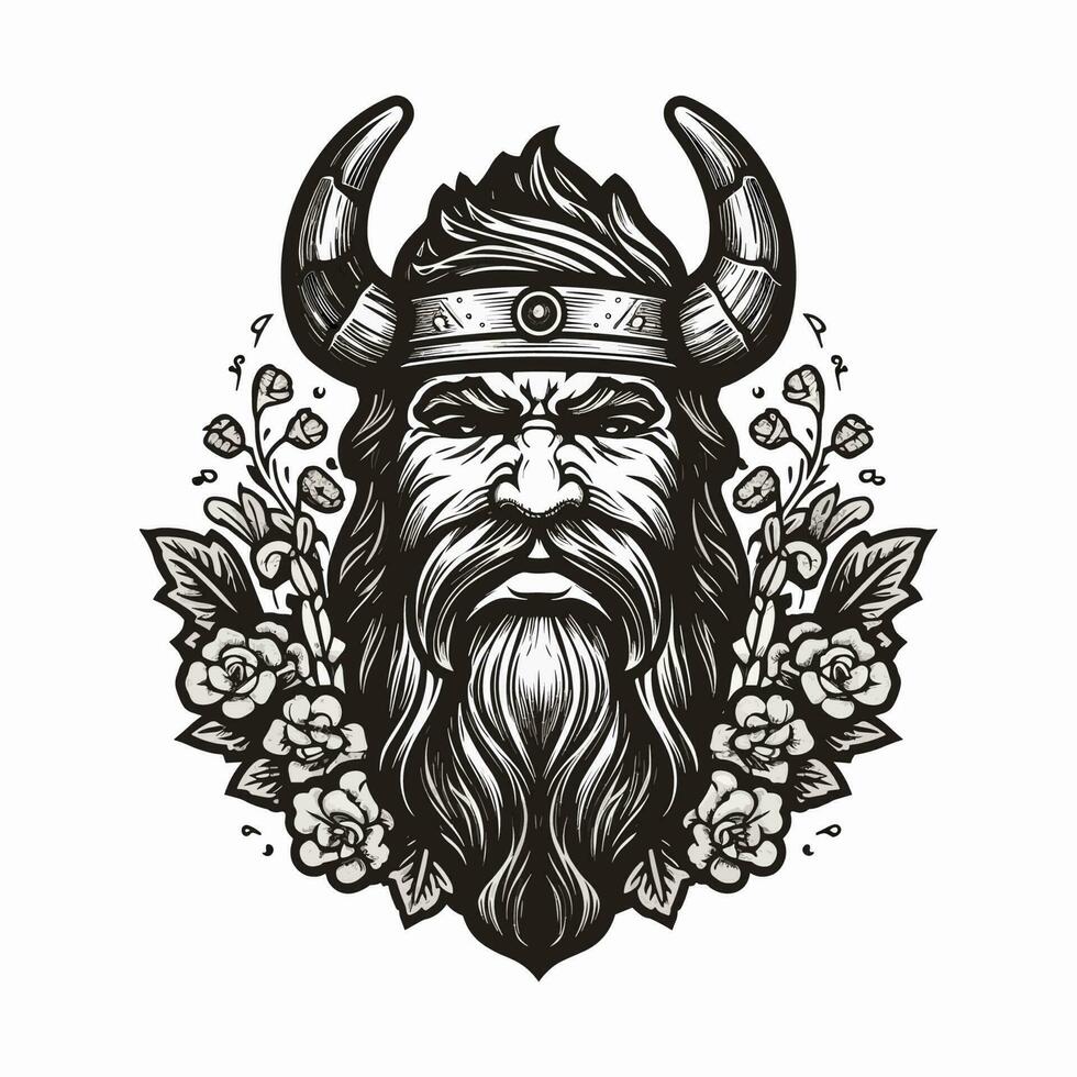 A fierce Viking warrior hand-drawn logo design, perfect for a sports team or brand wanting to convey strength and resilience vector